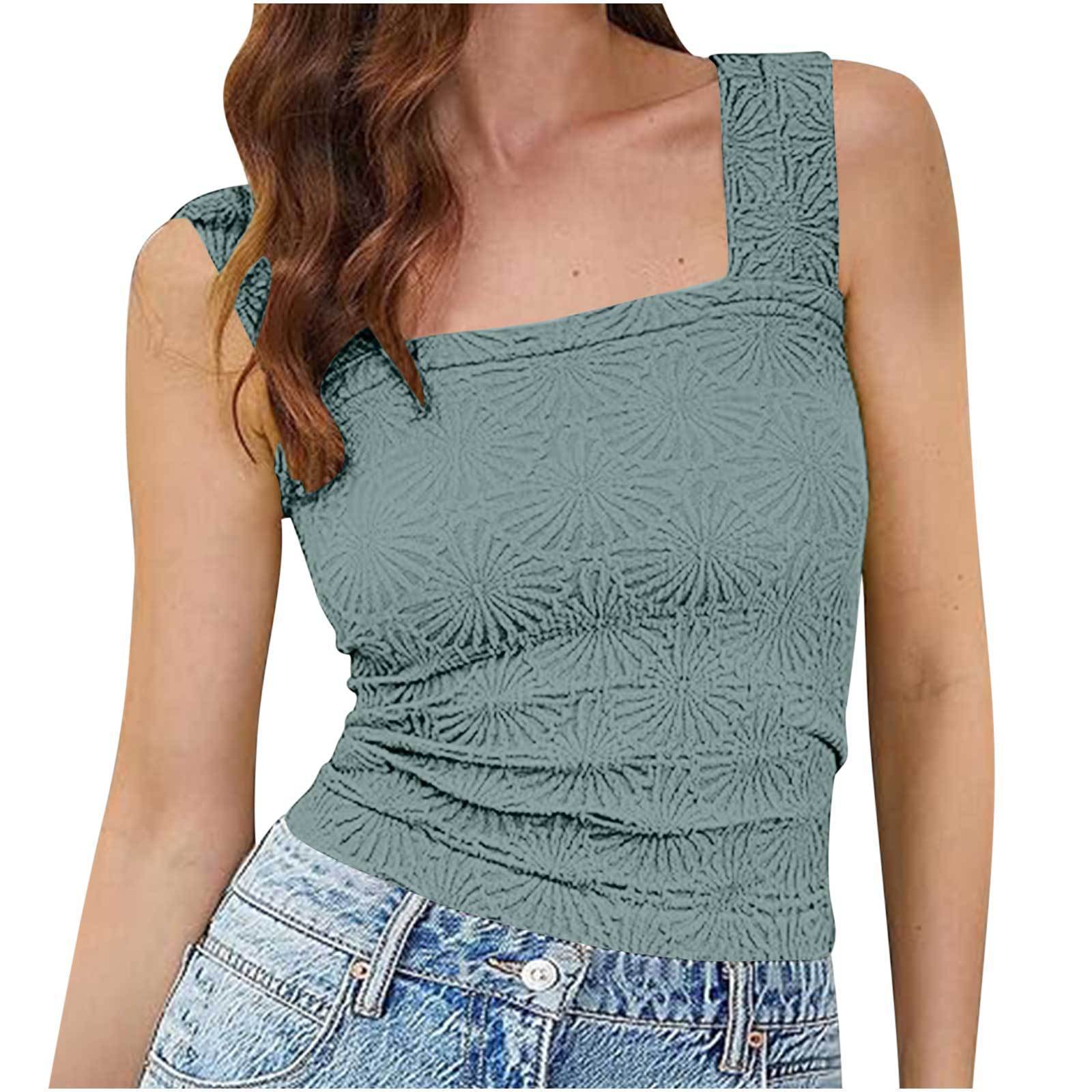 New Slim Fit Square Neck Vest Summer Fashion Jacquard Sleeveless Top For Women Clothing